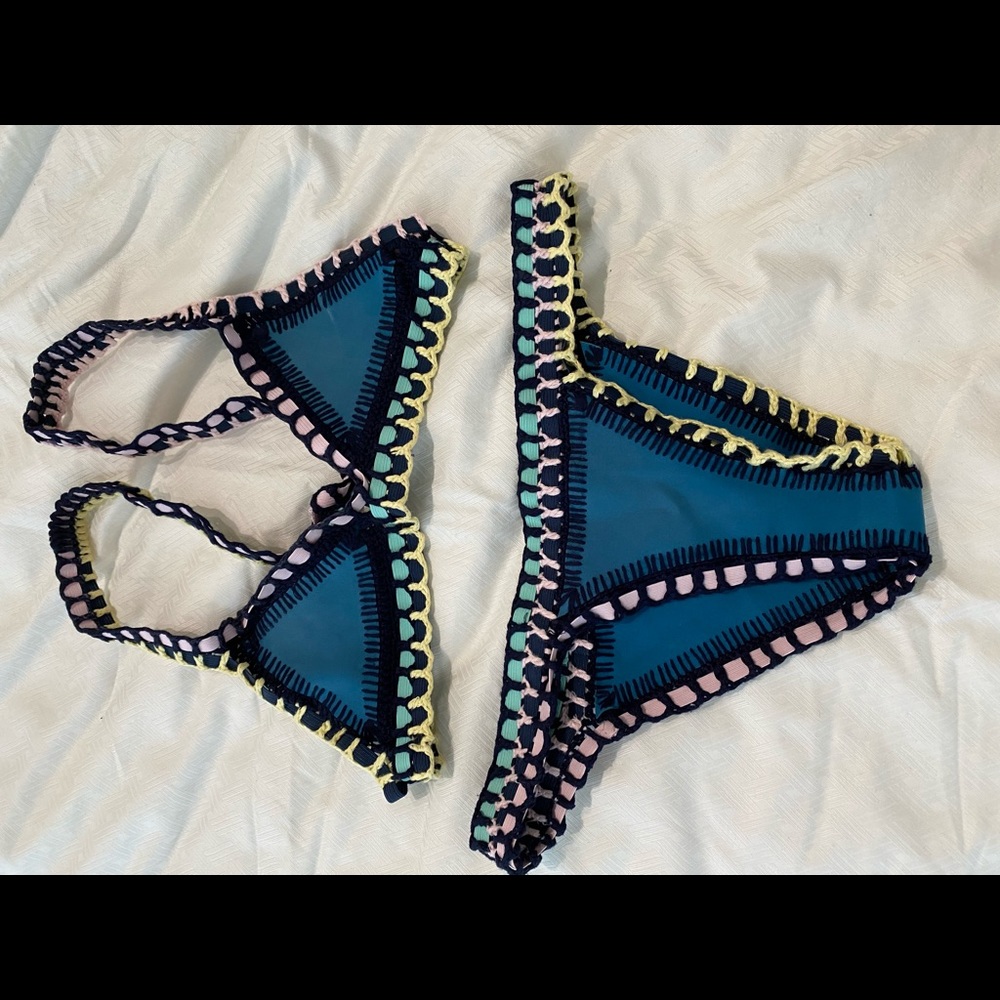 Kiini Flor teal bikini with pale pink, yellow and green detail